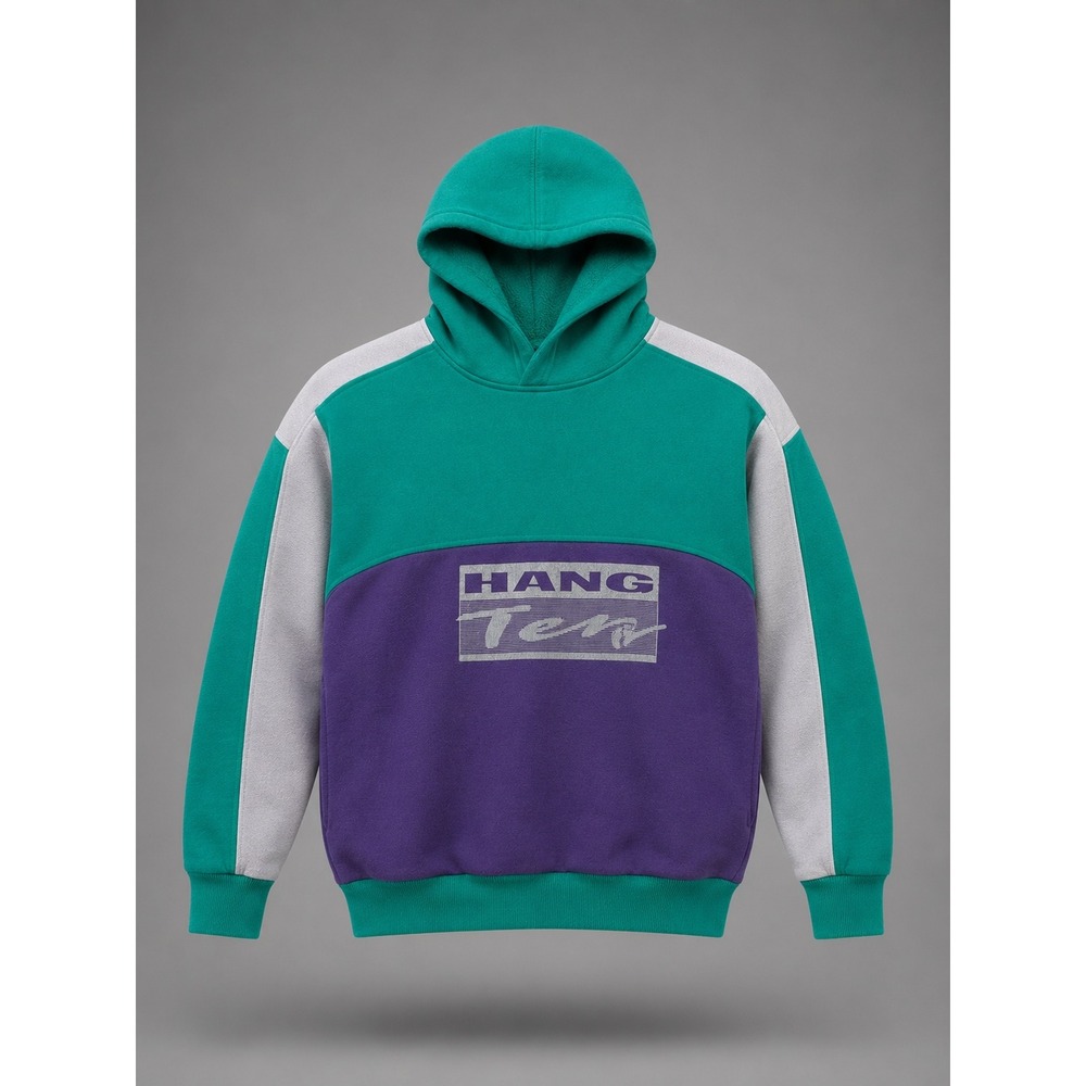 Vintage Hang Ten Hoodie Teal Purple Colorblock Graphic Pullover Mens Large 90s